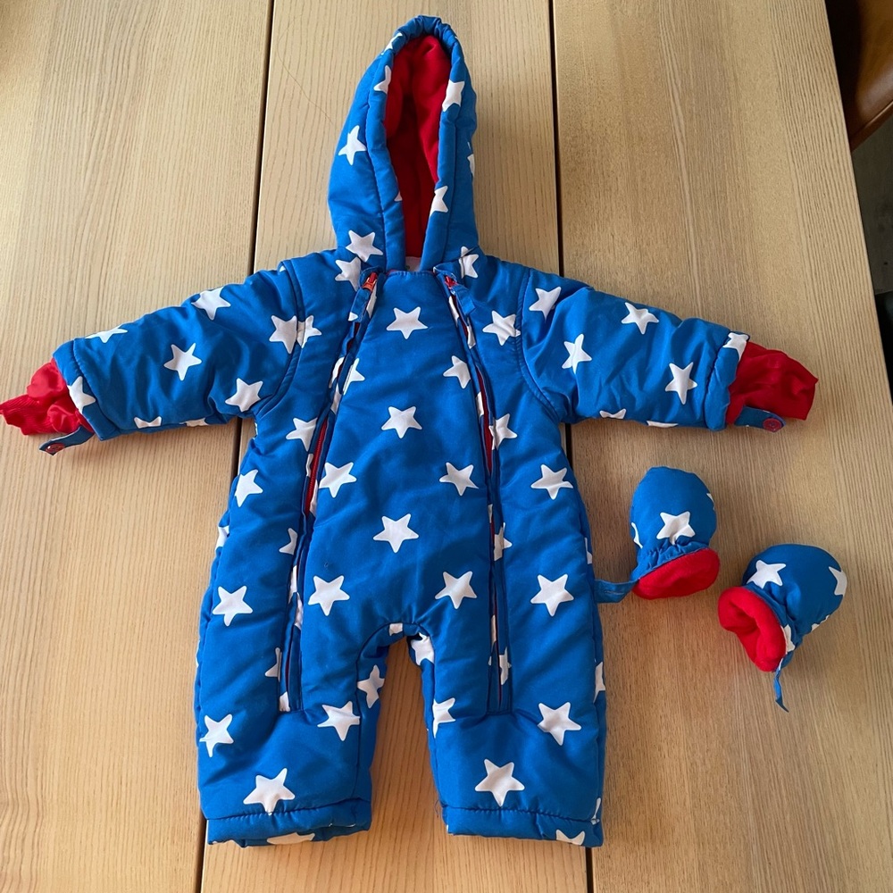 Vine baby boy one piece snow suit 6-9 month, attached mittens 6-9 month snowsuit
